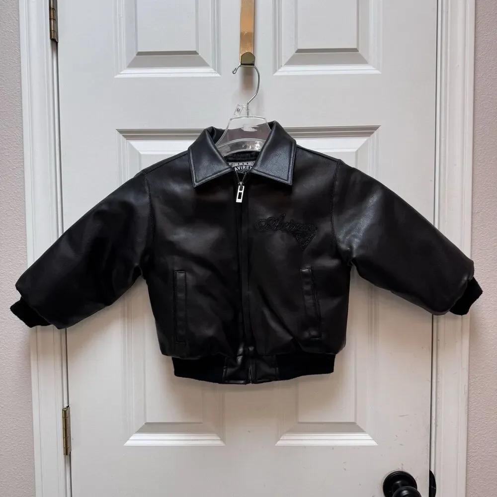 Vintage Y2K Avirex Classic Varsity Bomber Jacket Black Faux Leather Kids Size 4